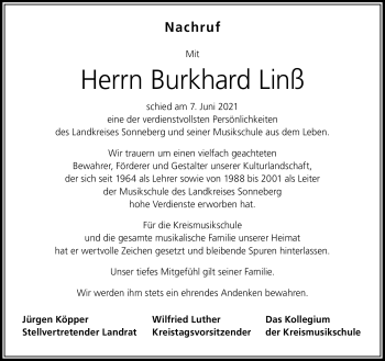 Traueranzeige von Burkhard Linß von Südthüringer Presse