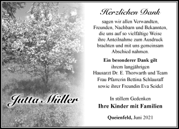 Traueranzeige von Jutta Müller von Südthüringer Presse