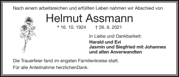 Traueranzeige von Helmut Assmann von Frankenpost