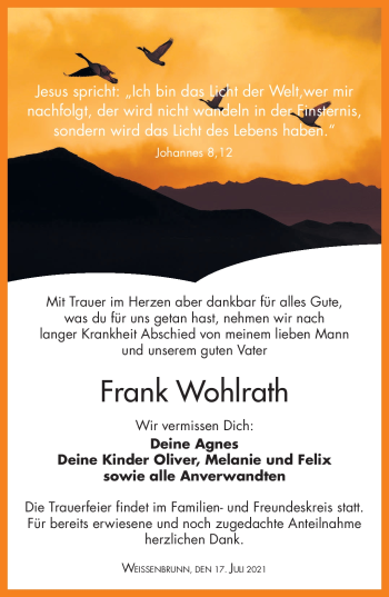 Traueranzeige von Frank Wohlrath von Neue Presse Coburg