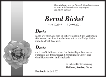 Traueranzeige von Bernd Bickel von Südthüringer Presse