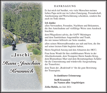 Traueranzeige von Hans-Joachim Krannich von Südthüringer Presse