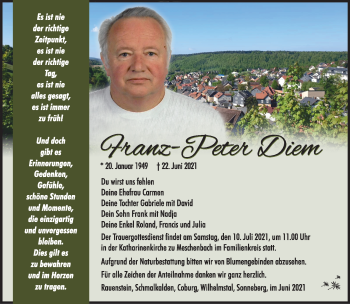 Traueranzeige von Franz-Peter Diem von Südthüringer Presse