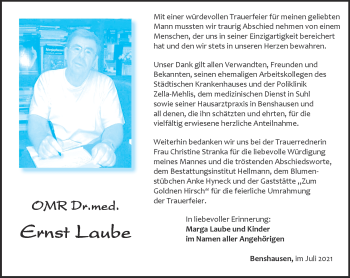 Traueranzeige von Ernst Laube von Südthüringer Presse