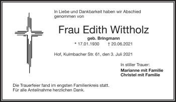 Traueranzeige von Edith Wittholz von Frankenpost