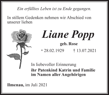 Traueranzeige von Liane Popp von Südthüringer Presse