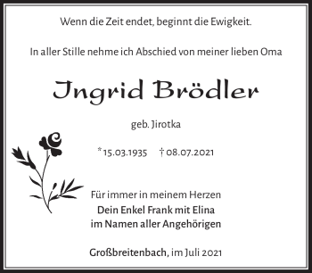 Traueranzeige von Ingrid Brödler von Südthüringer Presse
