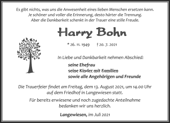 Traueranzeige von Harry Bohn von Südthüringer Presse