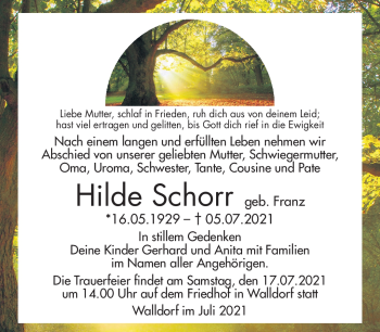 Traueranzeige von Hilde Schorr von Südthüringer Presse