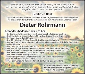 Traueranzeige von Dieter Rohrmann von Südthüringer Presse