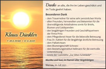 Traueranzeige von Klaus Dünkler von Südthüringer Presse