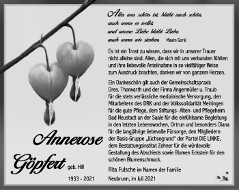 Traueranzeige von Annerose Göpert von Südthüringer Presse