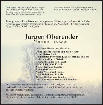 Traueranzeige von Jürgen Oberender von Südthüringer Presse