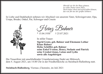 Traueranzeige von Heinz Bahner von Südthüringer Presse
