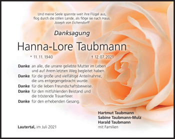 Traueranzeige von Hanna-Lore Taubmann von Neue Presse Coburg