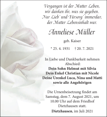 Traueranzeige von Anneliese Müller von Südthüringer Presse