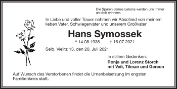 Traueranzeige von Hans Symossek von Frankenpost