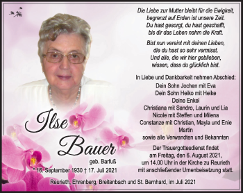 Traueranzeige von Ilse Bauer von Südthüringer Presse