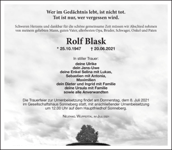 Traueranzeige von Rolf Blask von Südthüringer Presse