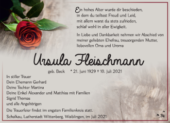 Traueranzeige von Ursula Fleischmann von Südthüringer Presse
