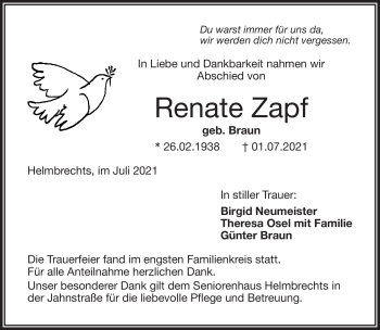 Traueranzeige von Renate Zapf von Frankenpost