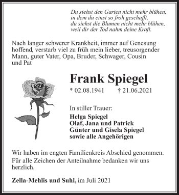 Traueranzeige von Frank Spiegel von Südthüringer Presse