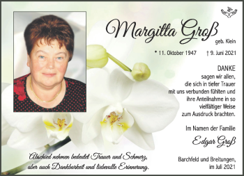 Traueranzeige von Margitta Groß von Südthüringer Presse