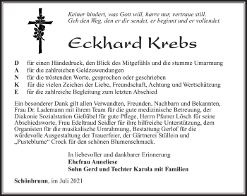 Traueranzeige von Eckhard Krebs von Südthüringer Presse