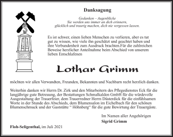 Traueranzeige von Lothar Grimm von Südthüringer Presse