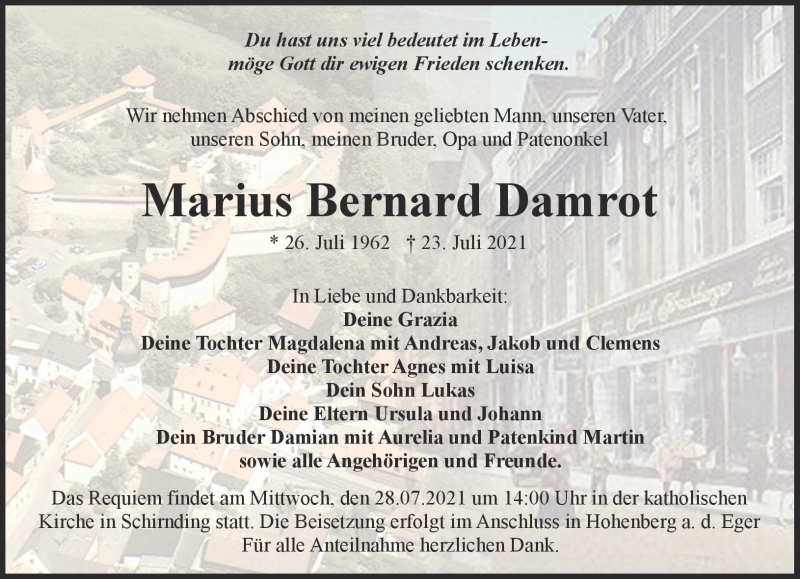  Traueranzeige für Marius Bernard Damrot vom 27.07.2021 aus Frankenpost