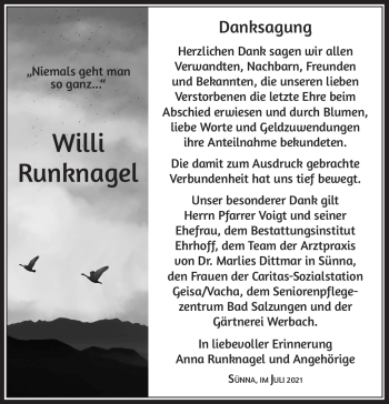 Traueranzeige von Willi Runknagel von Südthüringer Presse