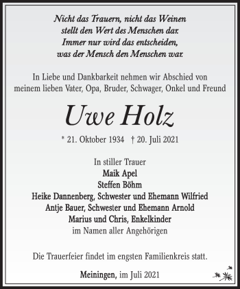 Traueranzeige von Uwe Holz von Südthüringer Presse