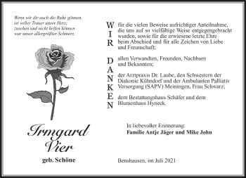Traueranzeige von Irmgard Vier von Südthüringer Presse