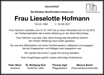 Traueranzeige von Lieselotte Hofmann von Frankenpost