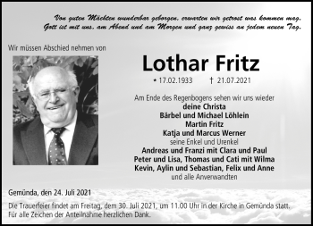 Traueranzeige von Lothar Fritz von Neue Presse Coburg
