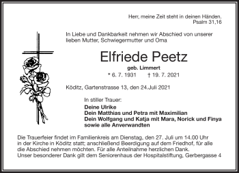 Traueranzeige von Elfriede Peetz von Frankenpost