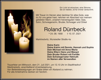 Traueranzeige von Roland Dürrbeck von Frankenpost