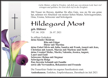 Traueranzeige von Hildegart Most von Südthüringer Presse