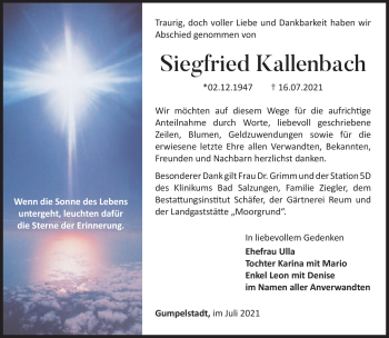 Traueranzeige von Siegfried Kallenbach von Südthüringer Presse