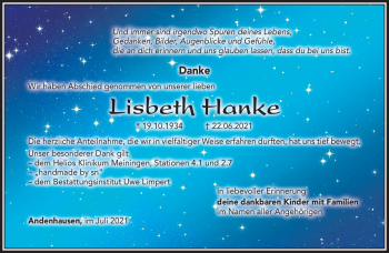 Traueranzeige von Lisbeth Hanke von Südthüringer Presse
