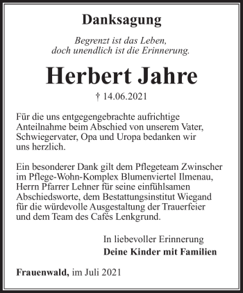 Traueranzeige von Herbert Jahre von Südthüringer Presse