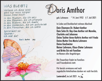 Traueranzeige von Doris Amthor von Südthüringer Presse
