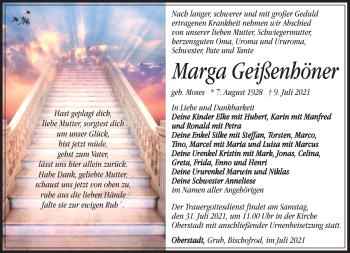 Traueranzeige von Marga Geißenhöner von Südthüringer Presse