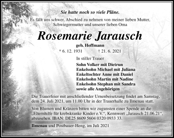 Traueranzeige von Rosemarie Jarausch von Südthüringer Presse