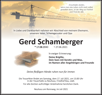 Traueranzeige von Gerd Schamberger von Südthüringer Presse