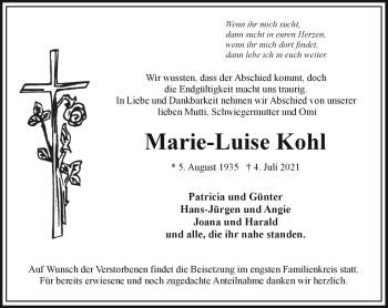 Traueranzeige von Marie-Luise Kohl von Frankenpost
