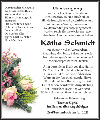 Traueranzeige von Käthe Schmidt von Südthüringer Presse