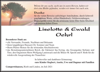 Traueranzeige von LiselotteEwald OehrlOehrl von Südthüringer Presse