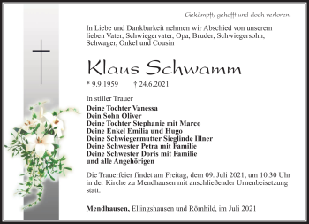 Traueranzeige von Klaus Schwamm von Südthüringer Presse