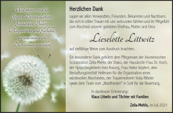 Traueranzeige von Lieselotte Littwitz von Südthüringer Presse